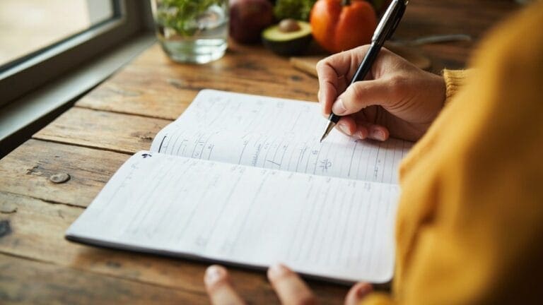 weight loss journal template ideas - handwritten food log notebook with pen on wooden desk