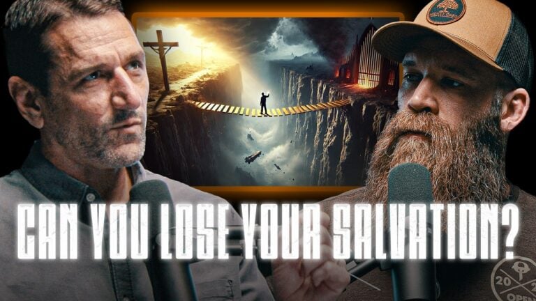 YouTube thumbnail for featuring Sean Kennard and Jeremy Stalnecker and a dramatic illustration of a bridge over a dark chasm, with the text: "CAN YOU LOSE YOUR SALVATION?"