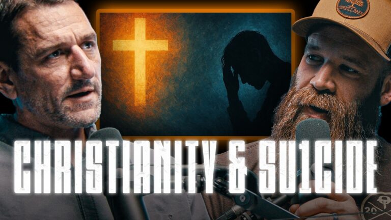 YouTube thumbnail featuring Jeremy Stalnecker and Sean Kennard flanking an image of a glowing cross and a silhouetted figure in distress, with the text: "CHRISTIANITY & SU1CIDE."