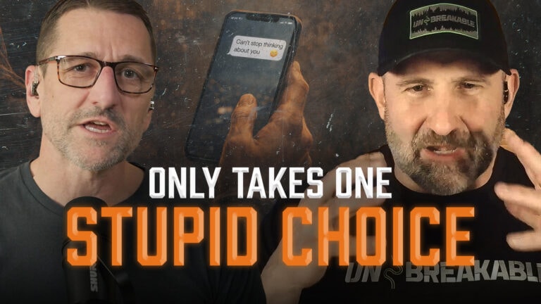 March or Die podcast thumbnail featuring Jeremy Stalnecker and Jim Ramos with text "Only Takes One Stupid Choice" and a smartphone showing a suggestive text message.