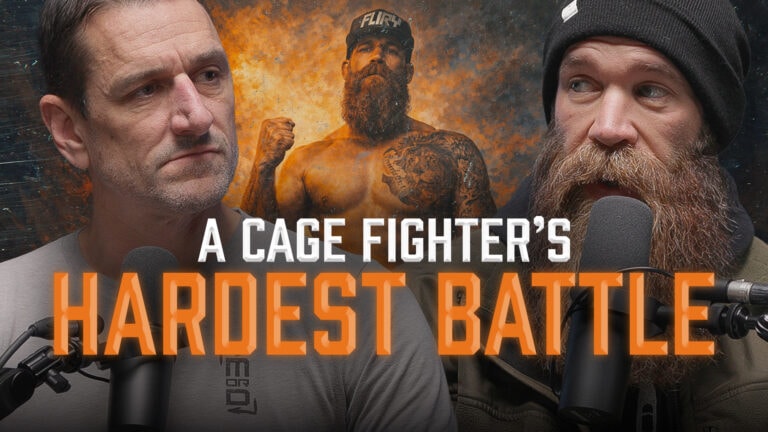 Two Men Talking to each other with text "A Cage Fighter's Hardest Battle"