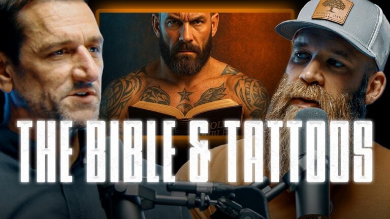 YouTube thumbnail for 'The Bible & Tattoos' featuring Jeremy Stalnecker and Sean Kennard. An inset image shows a tattooed man holding a Bible.
