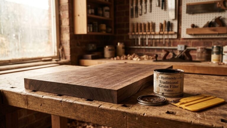 A tin of dark wood grain filler for walnut and a plastic squeegee resting on a piece of raw, open-grain black walnut timber