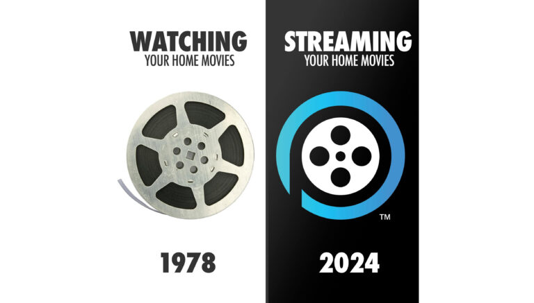 a projector reel with the words watching your home movies then and a projector reel inside the letter p with the words streaming your home movies 2026