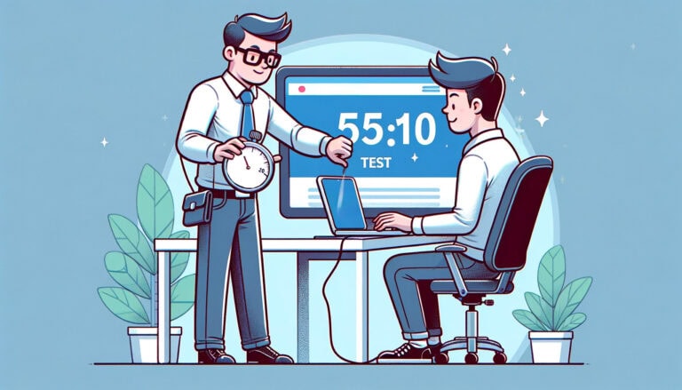 man in tie holding stopwatch testing another man in front of a laptop