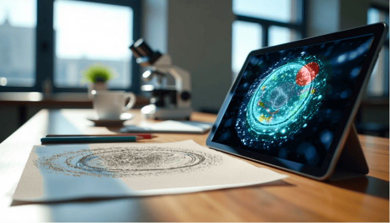 A zygote on an ipad screen in front on a desk is a hand-drawn reference sketch in pencil