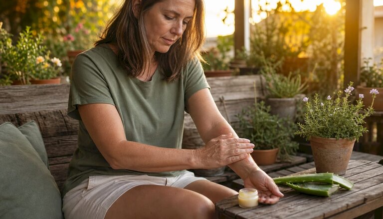 Woman applying beeswax balm on arm