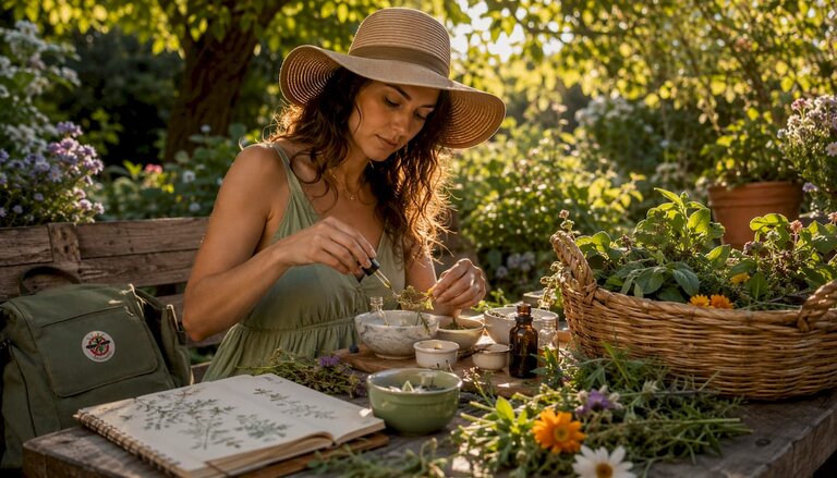 Woman preparing organic outdoor skincare mix