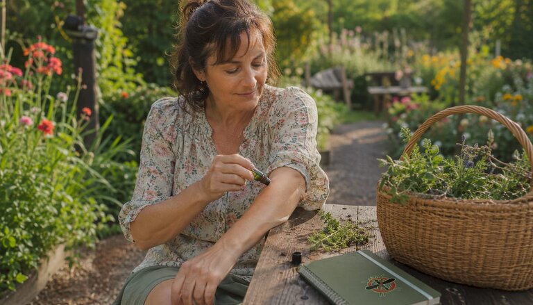 Woman applying essential oil on mosquito bite outdoors