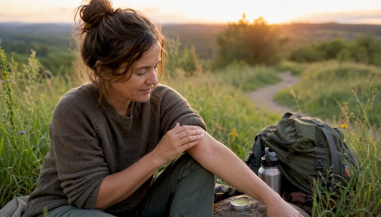 Woman applying natural sting balm outdoors
