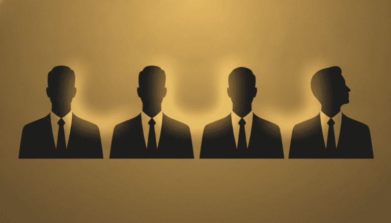 Vier gleich große Silhouetten derselben Person in Geschäftskleidung stehen nebeneinander vor einer warm goldenen Wand, jede mit einer leicht anderen Kopfhaltung.