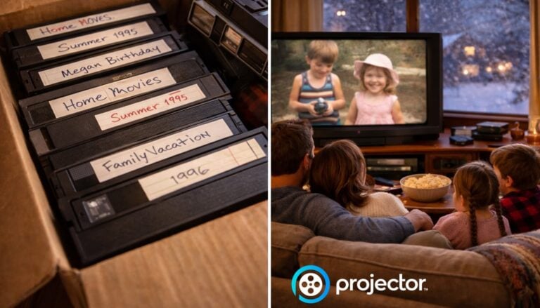 box of old home videos on vhs tapes next to family watching home videos on smart tv
