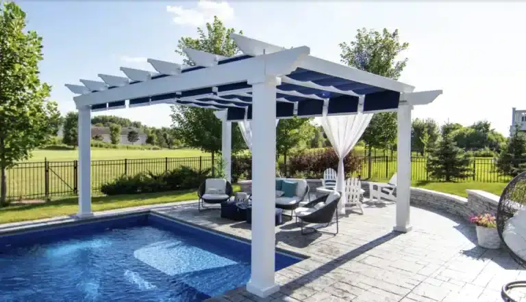 poolside pergola with retractable canopies