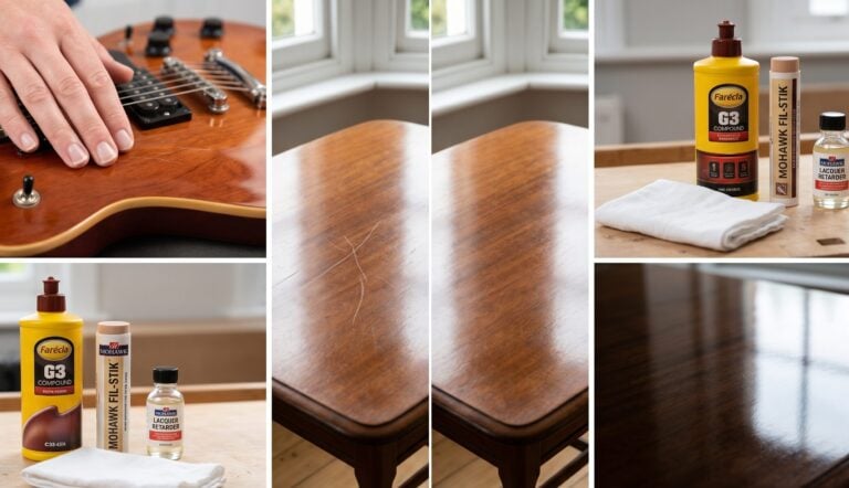 Before and after: Fixing scratched mahogany lacquer finish without sanding.