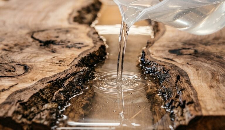 Crystal clear deep pour epoxy resin being poured into a live-edge walnut river table.