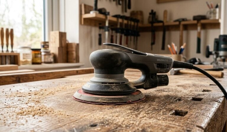 Low-profile brushless orbital sander resting on a wooden workbench, representing a top Mirka Deros alternative UK option.