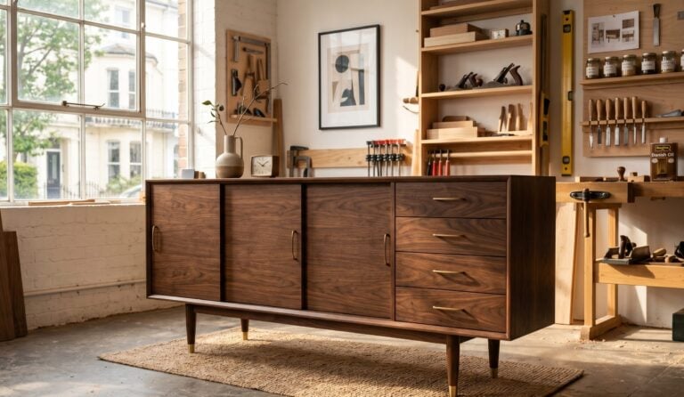 A beautifully restored mid-century modern walnut credenza glowing with a fresh Danish oil finish in a bright workshop
