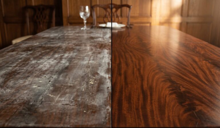 A before and after comparison showing how to safely remove wax build up from wood, revealing the rich grain beneath the cloudy surface