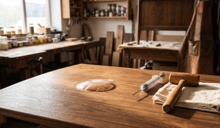 A mid-century modern walnut table showing a raised wood veneer blister next to a glue syringe and veneer hammer