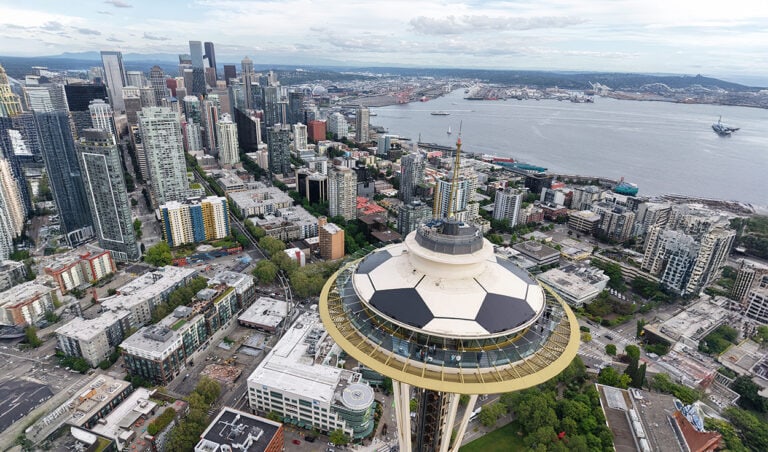 Seattle Space Needle Transforms into Giant Soccer Ball for FIFA World Cup 2026™