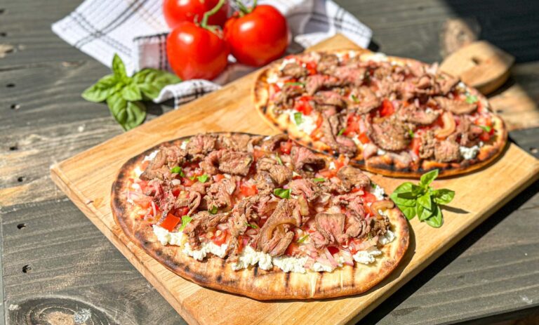 Maddie & Kiki’s BBQ Recipe: Charcoal-Grilled Steak in Reverse on Bruschetta Naan