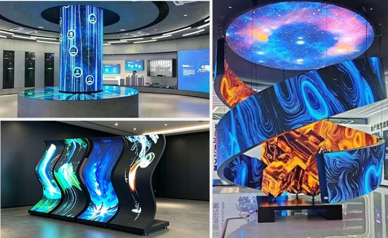Creative LED screens for diverse applications featuring a cylindrical digital column, wavy flexible panels, and a spiral cosmic display in exhibition and commercial spaces