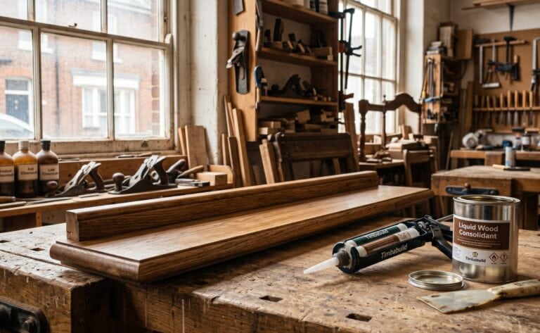A dual-cartridge wood conservation epoxy gun and liquid consolidant next to a restored Victorian sash window in a UK workshop