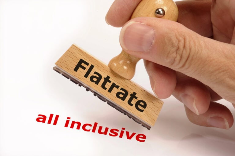 "flatrate" written on a stamp above red text "all inclusive" on a white background