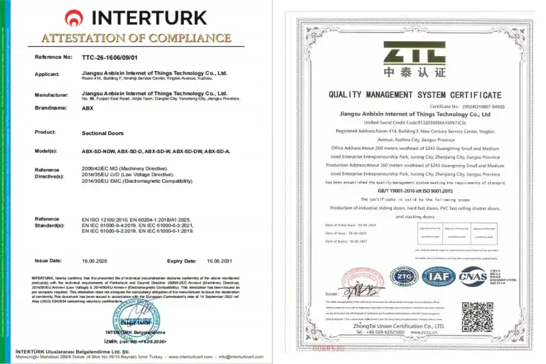 Official Interturk CE Attestation of Compliance and ISO9001 Quality Management System Certificate for Jiangsu Anbixin Internet of Things Technology Co., Ltd. sectional doors.