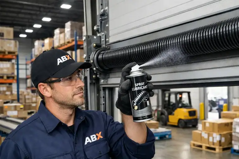A professional ABX technician applying specialized spray lubricant to a heavy-duty industrial sectional door torsion spring in a warehouse to ensure smooth operation and facility ROI.