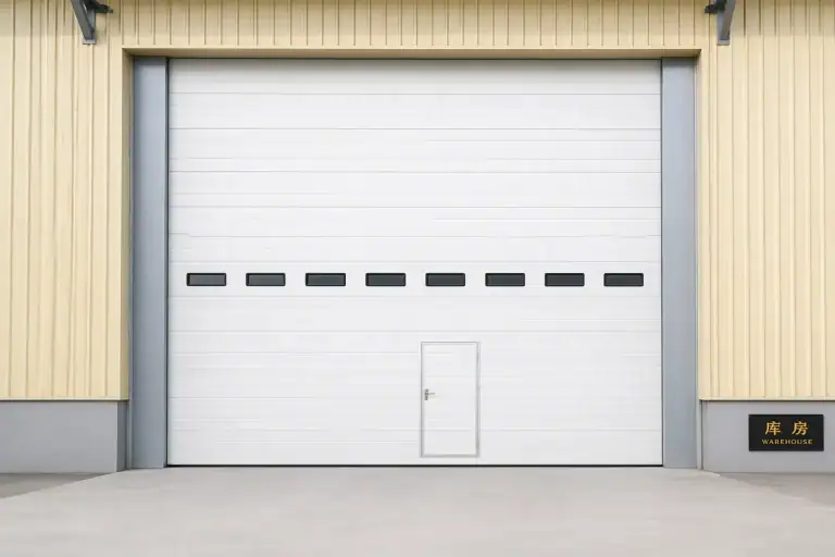 A large white commercial overhead door featuring an integrated pedestrian man door and shatterproof vision windows, manufactured by ABX for industrial warehouse facades.