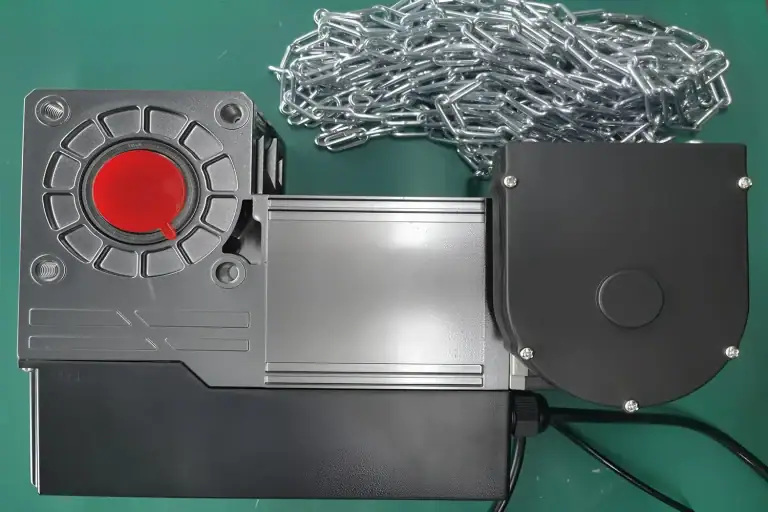 Close-up of a heavy-duty encrypted servo motor with a manual override chain, engineered by ABX for secure industrial access control and precise overhead door remote programming.