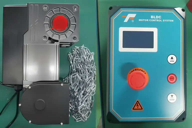 Close-up view of a 380V BLDC servo motor unit with a manual chain override alongside its digital control panel, featuring an LCD diagnostic screen designed to streamline troubleshooting and reduce MTTR for commercial sectional doors.