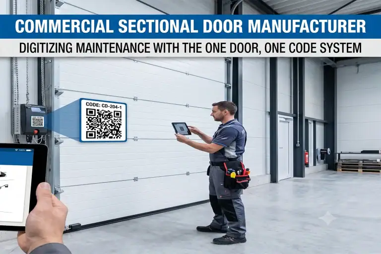 Maintenance technician scanning a QR code on a commercial sectional door control panel with a tablet, illustrating the manufacturer's 'One Door, One Code' digital maintenance system for streamlined lifecycle tracking and troubleshooting.