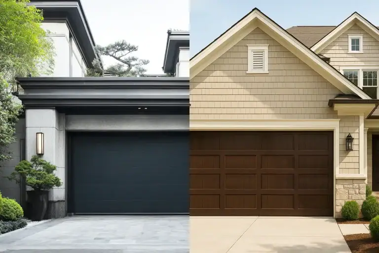 Side-by-side comparison of ABX custom commercial sectional doors featuring a sleek modern black finish and a faux wood tone design. Both heavy-duty doors are engineered with PU sandwich panels and wind struts to prevent thermal bowing in architectural projects.