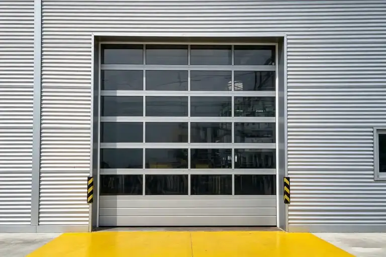 Modern commercial sectional door with full-vision glass panels and aluminum frames installed on a corrugated metal warehouse exterior with a yellow safety zone.