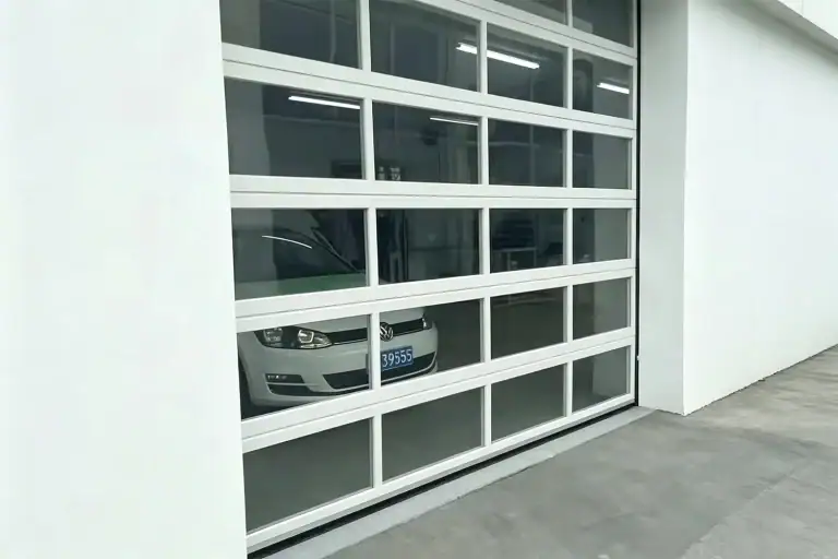 Fully-Glazed Aluminum Sectional Overhead Door Installed in a Commercial Car Wash Facility