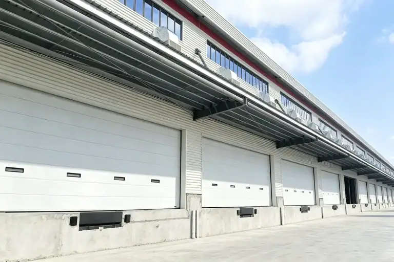 A long row of heavy-duty automatic industrial sectional doors installed at a large-scale logistics center. ABX OEM manufacturer engineers high-cycle, CE/ISO compliant commercial doors to ensure 24/7 operational efficiency for wholesale logistics projects.