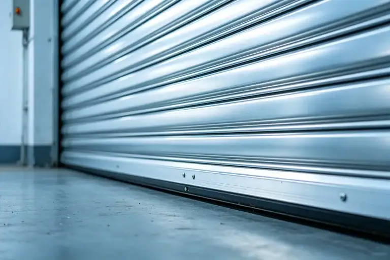 Close-up of interlocking galvanized steel slats on a heavy-duty fire rated roll up door. ABX OEM manufacturer engineers NFPA and CE/ISO compliant commercial fire doors, providing up to 3-hour fire resistance for industrial manufacturing wholesale projects.