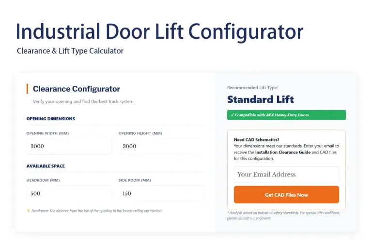 ABX's Industrial Door Lift Configurator tool, allowing builders and architects to input opening dimensions to calculate the optimal clearance and track system.