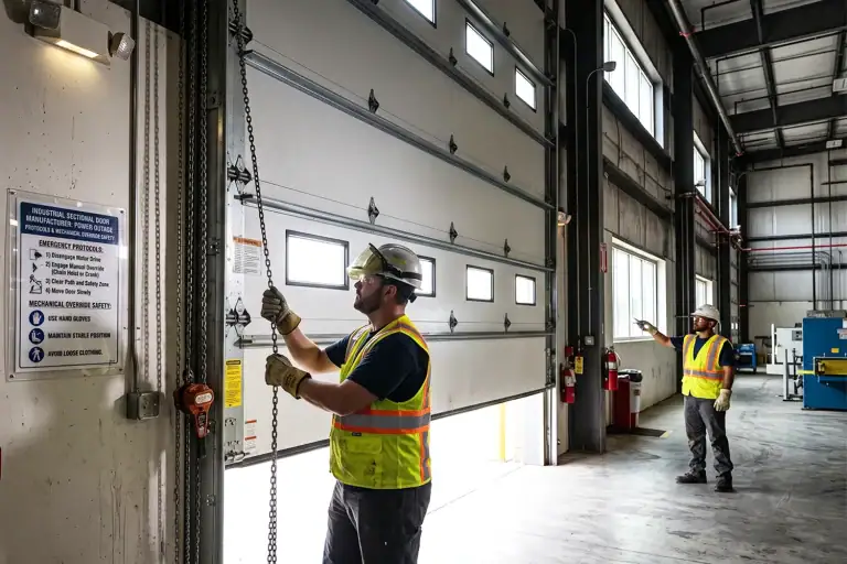 Warehouse technician wearing safety gear operating an industrial sectional door using a manual chain hoist, demonstrating standard mechanical override protocols and safe handling during a power outage.