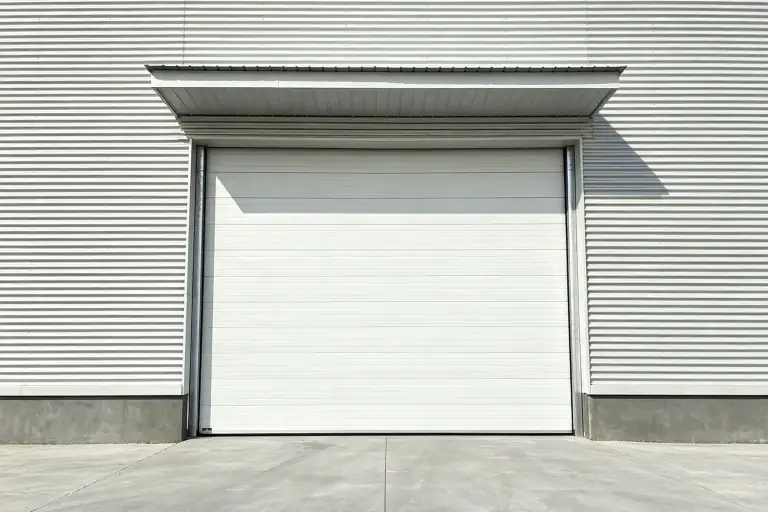 White commercial sectional overhead door installed on a modern industrial warehouse exterior with corrugated metal siding and an overhead canopy.