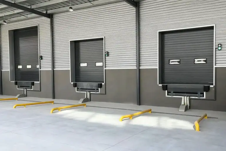 Multiple Industrial Loading Dock Doors with Hydraulic Levelers and Safety Traffic Lights in Modern Logistics Warehouse