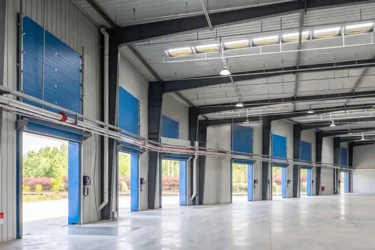 A row of heavy-duty blue industrial doors inside a large logistics center, designed to comply with US building codes and IBC requirements.