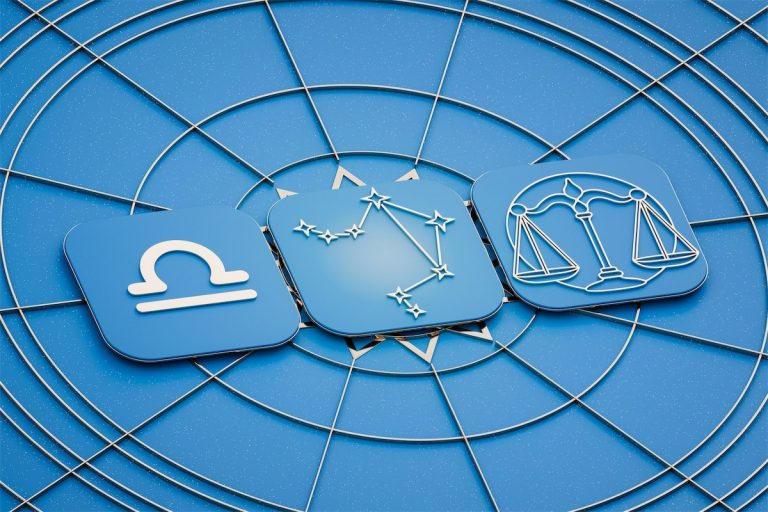 Libra zodiac sign tarot card with constellation illustration on a blue background, astrology reading image.