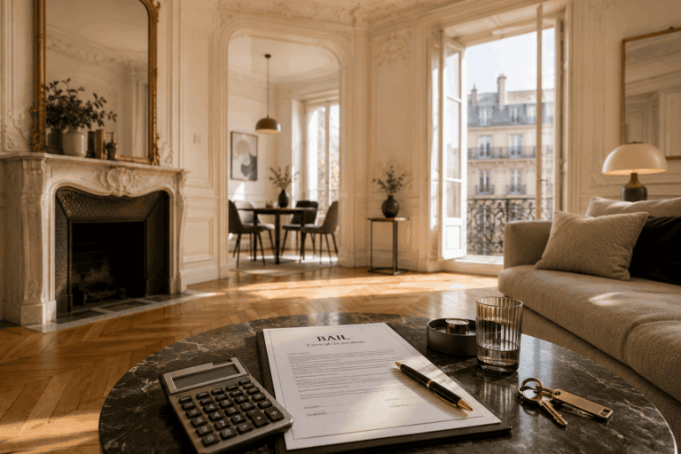 Bail de location parisien et calculatrice symbolisant le contrôle du complément de loyer
