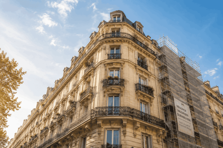 Immeuble parisien en rénovation illustrant le projet de loi Relance Logement 2026