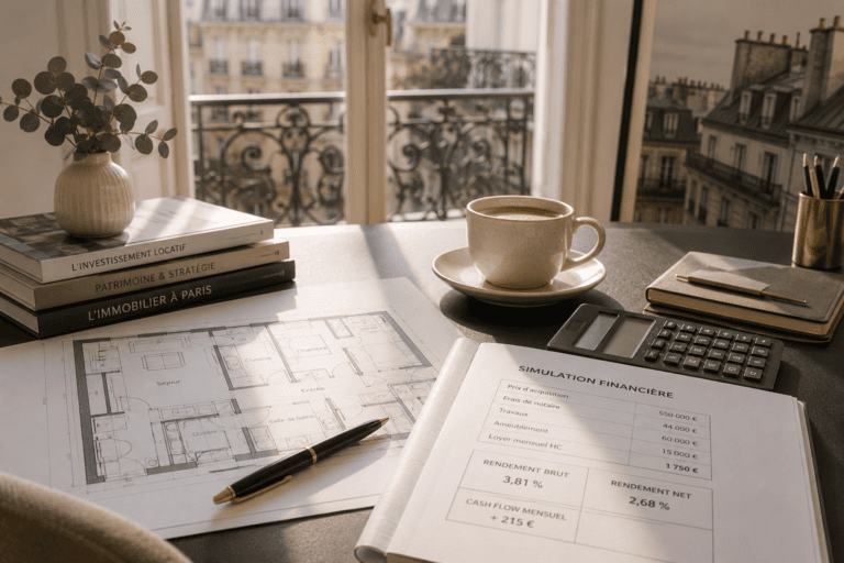 Simulation d'investissement locatif et plan d'appartement illustrant le dispositif Jeanbrun