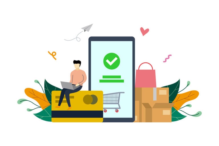 Mobile payment, e-commerce market shopping online payment concept vector flat illustration template, suitable for background, landing page, ui, ux, advertising illustration