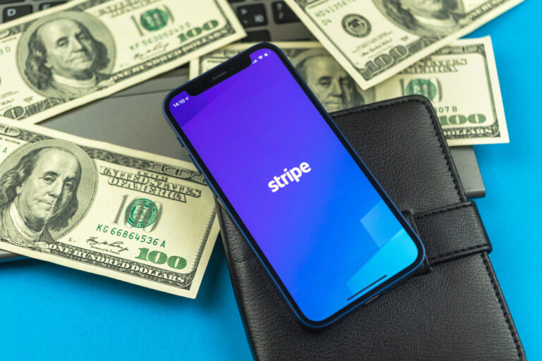 Stripe app Irish-American financial services and software application, logo on the screen of the mobile phone